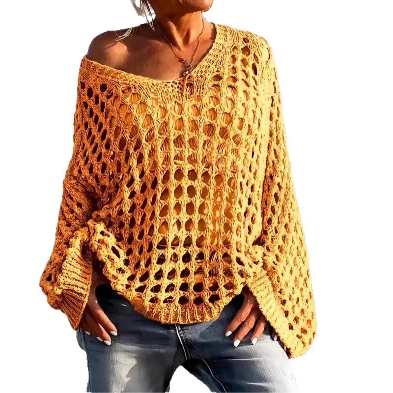 Women's Oversized V-Neck Knit Cardigan - Boho Chic Lace Crochet Sweater Coat