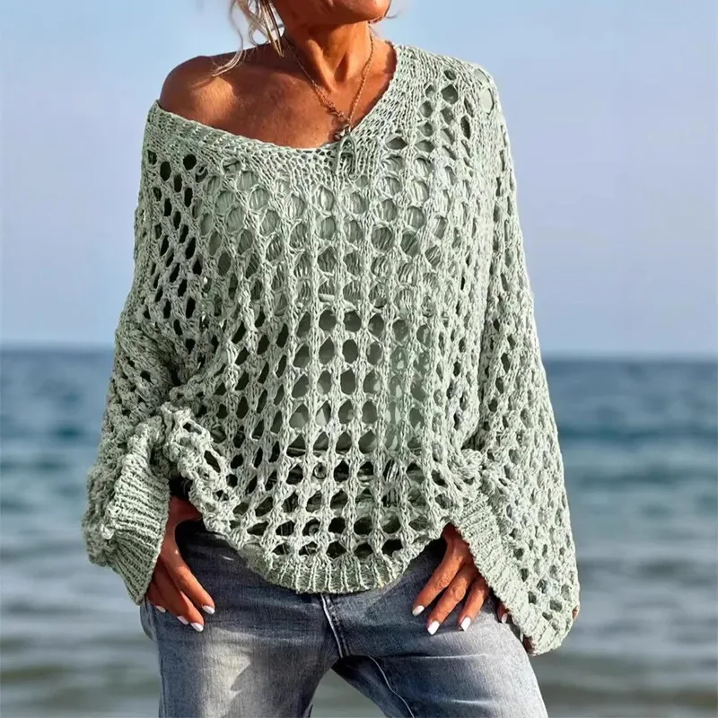 Women's Oversized V-Neck Knit Cardigan - Boho Chic Lace Crochet Sweater Coat