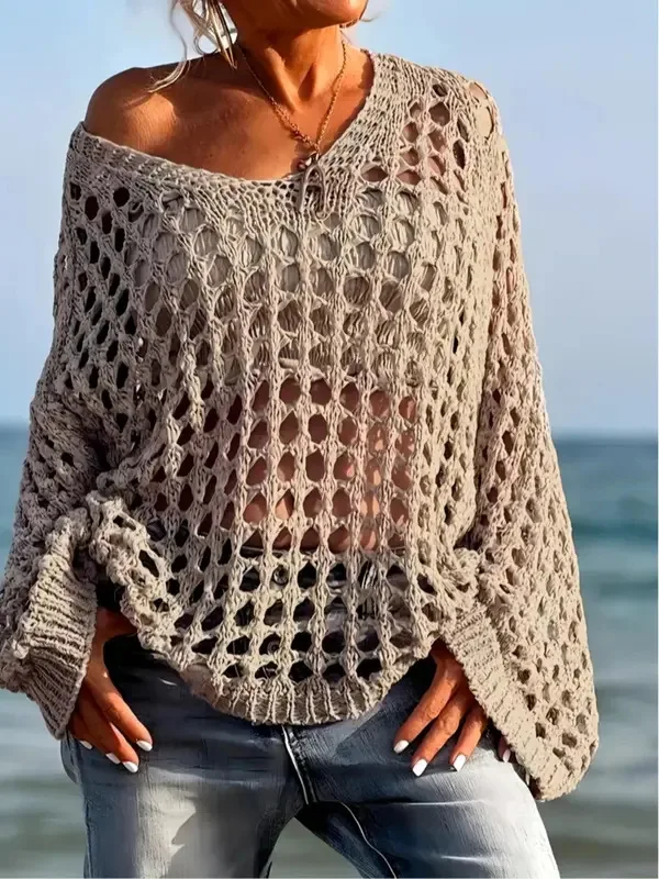 Women's Oversized V-Neck Knit Cardigan - Boho Chic Lace Crochet Sweater Coat