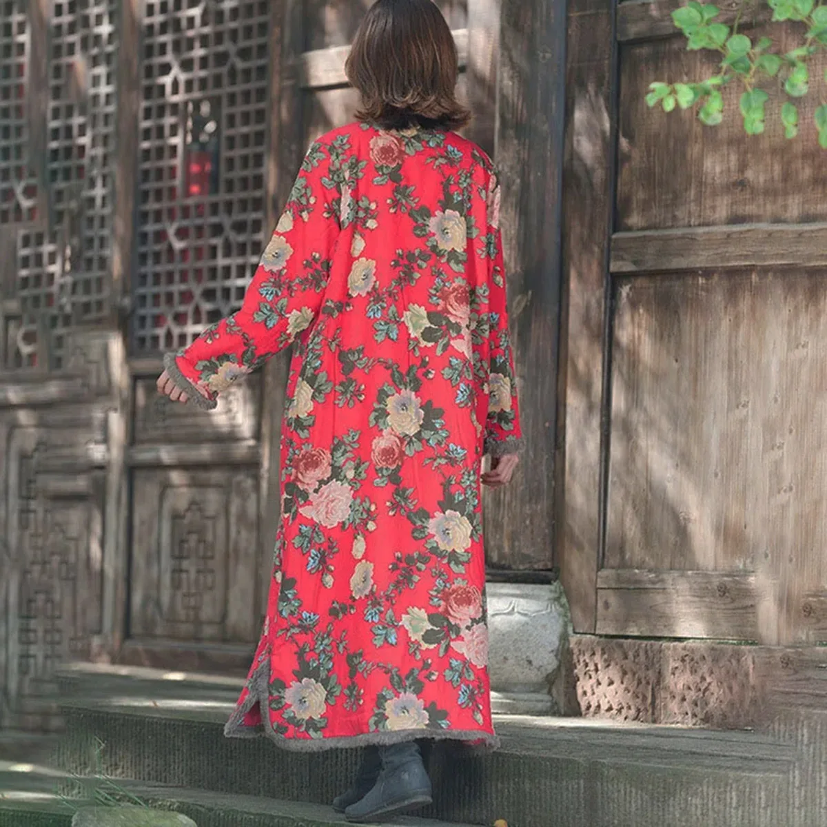 Winter Cotton Linen Boho Printed Warm Fleece Lined Jacket Women's Button Loose Furred Edge Ethnic style Retro Long Coat Outwear