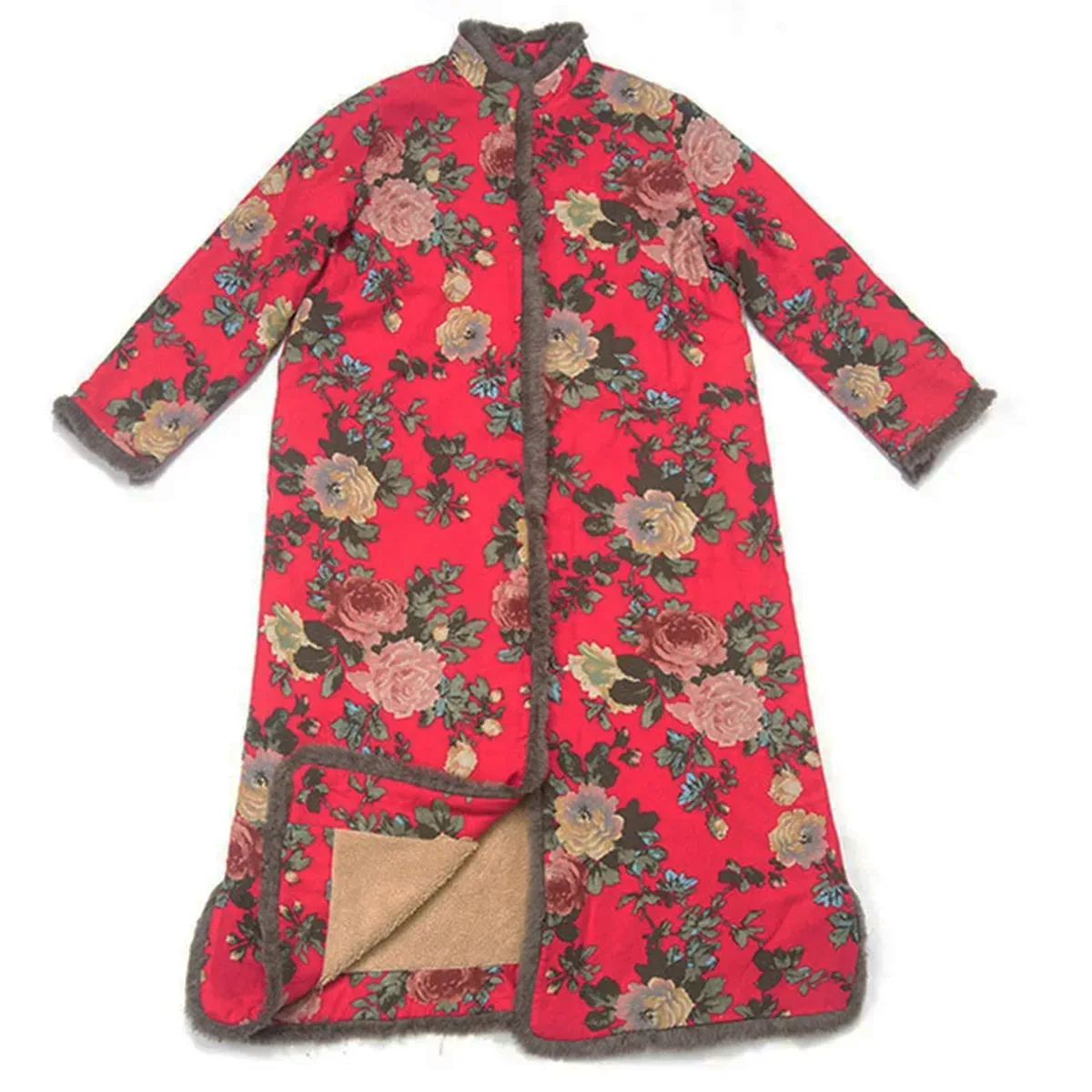 Winter Cotton Linen Boho Printed Warm Fleece Lined Jacket Women's Button Loose Furred Edge Ethnic style Retro Long Coat Outwear