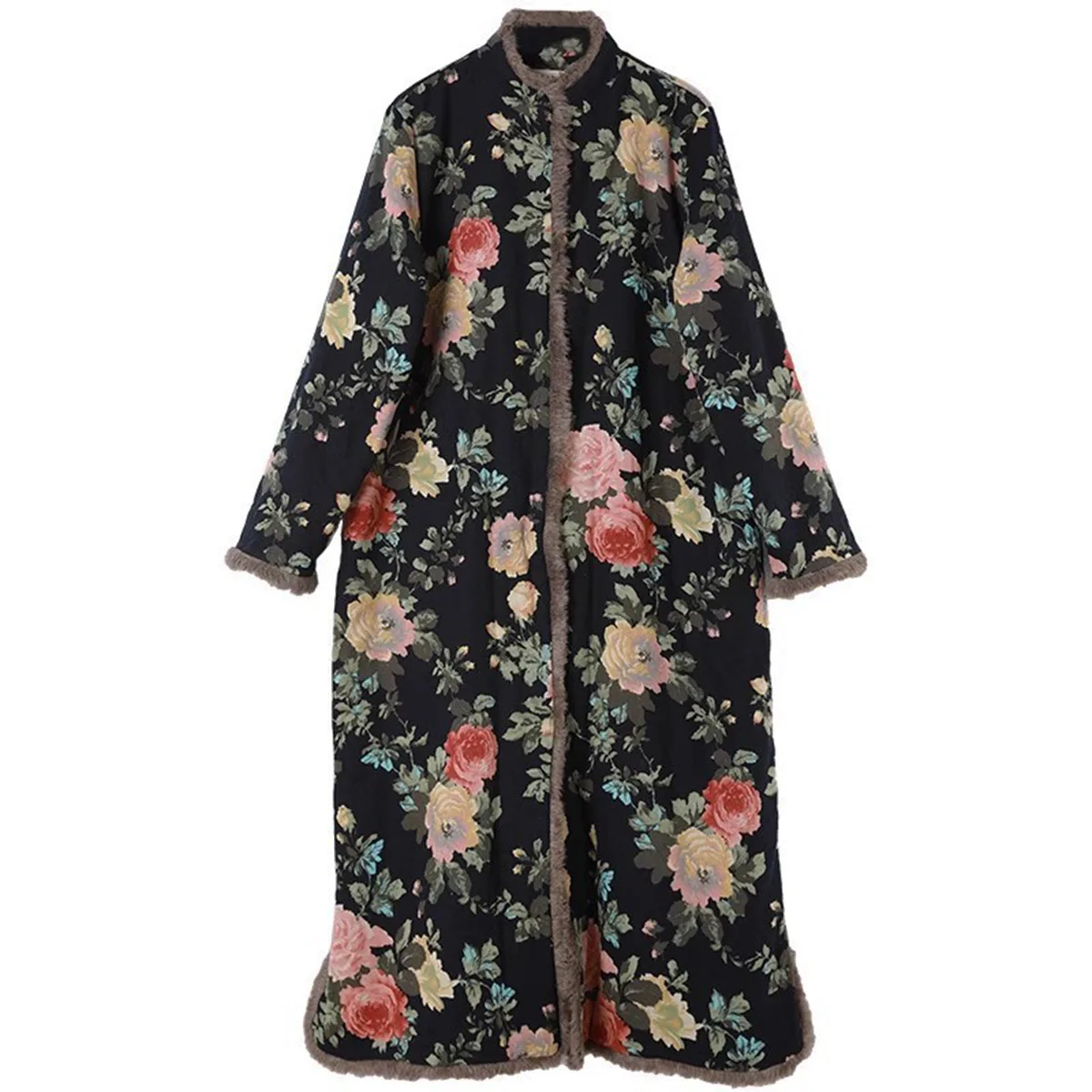 Winter Cotton Linen Boho Printed Warm Fleece Lined Jacket Women's Button Loose Furred Edge Ethnic style Retro Long Coat Outwear