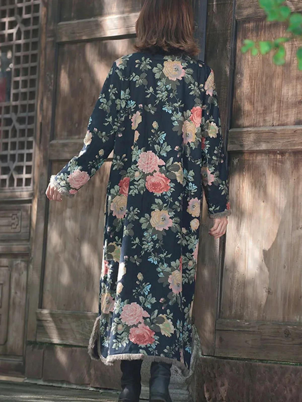 Winter Cotton Linen Boho Printed Warm Fleece Lined Jacket Women's Button Loose Furred Edge Ethnic style Retro Long Coat Outwear