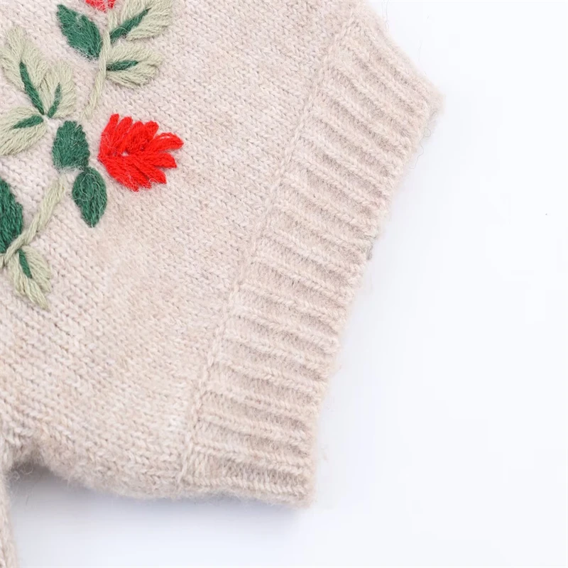 Vintage Floral Embroidered Knit Sweater, Women's Short Sleeve Fair Isle Pattern Pullover, Casual Boho Style Jumper for Autumn/Wi