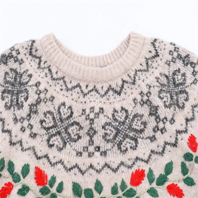 Vintage Floral Embroidered Knit Sweater, Women's Short Sleeve Fair Isle Pattern Pullover, Casual Boho Style Jumper for Autumn/Wi