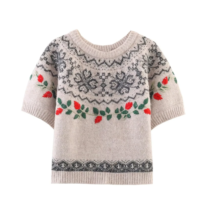 Vintage Floral Embroidered Knit Sweater, Women's Short Sleeve Fair Isle Pattern Pullover, Casual Boho Style Jumper for Autumn/Wi