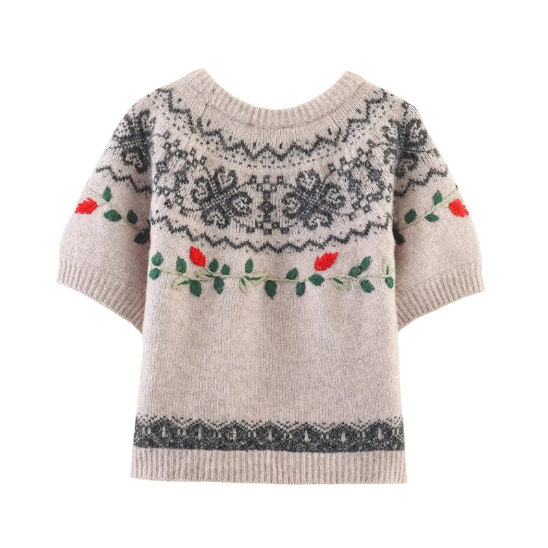 Vintage Floral Embroidered Knit Sweater, Women's Short Sleeve Fair Isle Pattern Pullover, Casual Boho Style Jumper for Autumn/Wi