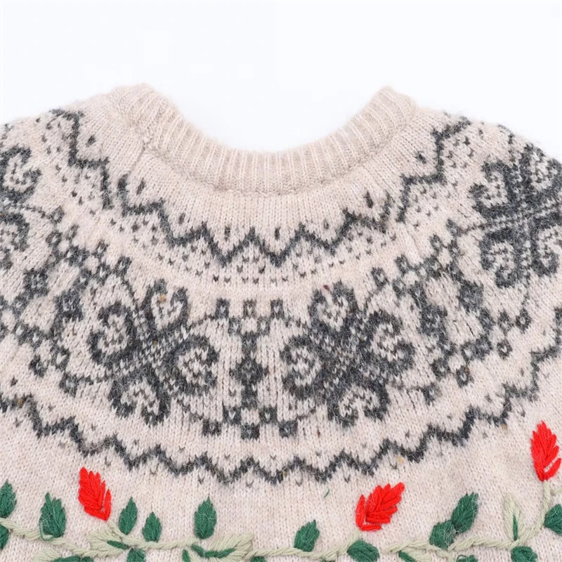 Vintage Floral Embroidered Knit Sweater, Women's Short Sleeve Fair Isle Pattern Pullover, Casual Boho Style Jumper for Autumn/Wi