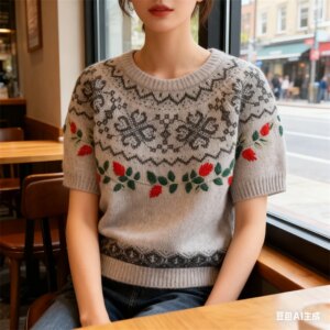 Vintage Floral Embroidered Knit Sweater, Women's Short Sleeve Fair Isle Pattern Pullover, Casual Boho Style Jumper for Autumn/Wi
