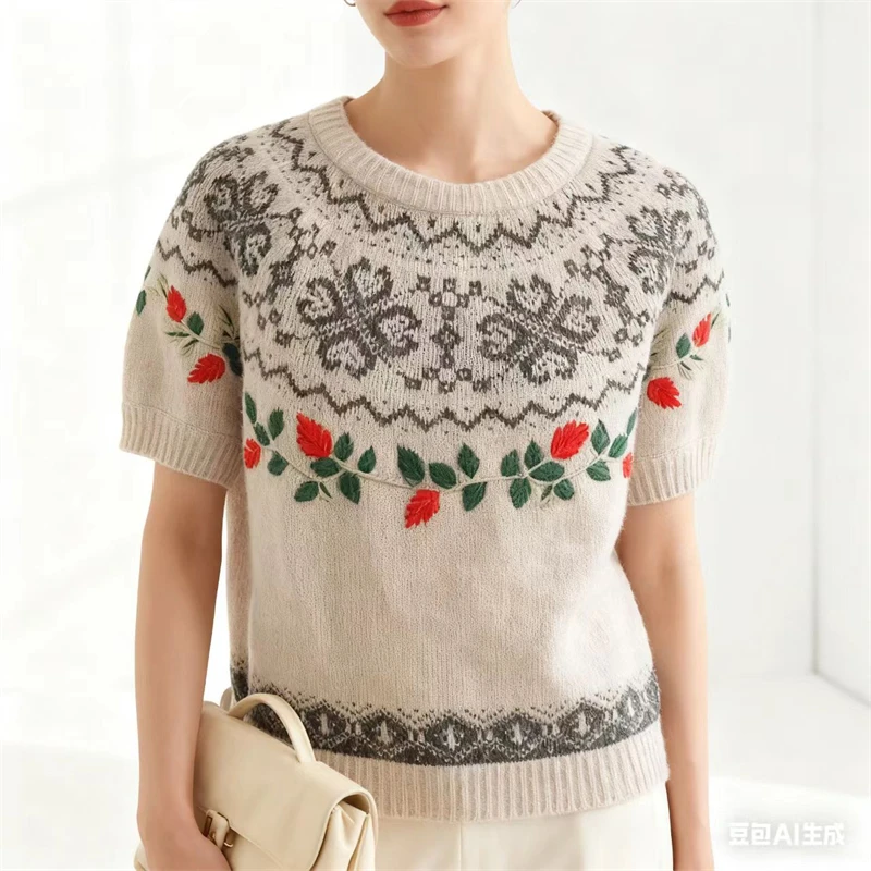 Vintage Floral Embroidered Knit Sweater, Women's Short Sleeve Fair Isle Pattern Pullover, Casual Boho Style Jumper for Autumn/Wi