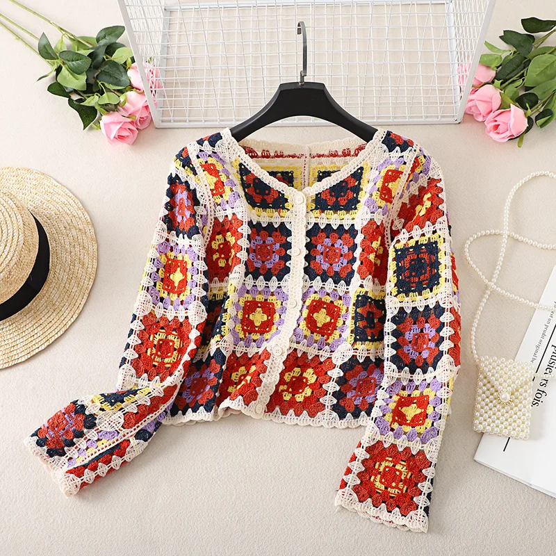 Granny Square Crochet Cardigan for Women Long Sleeve Button-up Knitted Sweater Jacket Crop Cardigan Boho Ladies Vacation Outfit