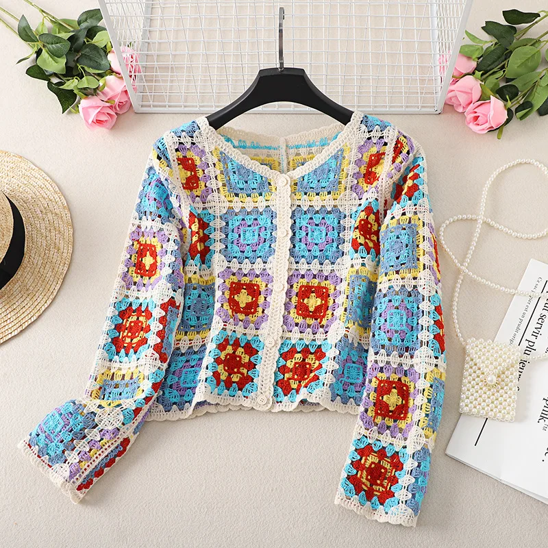 Granny Square Crochet Cardigan for Women Long Sleeve Button-up Knitted Sweater Jacket Crop Cardigan Boho Ladies Vacation Outfit