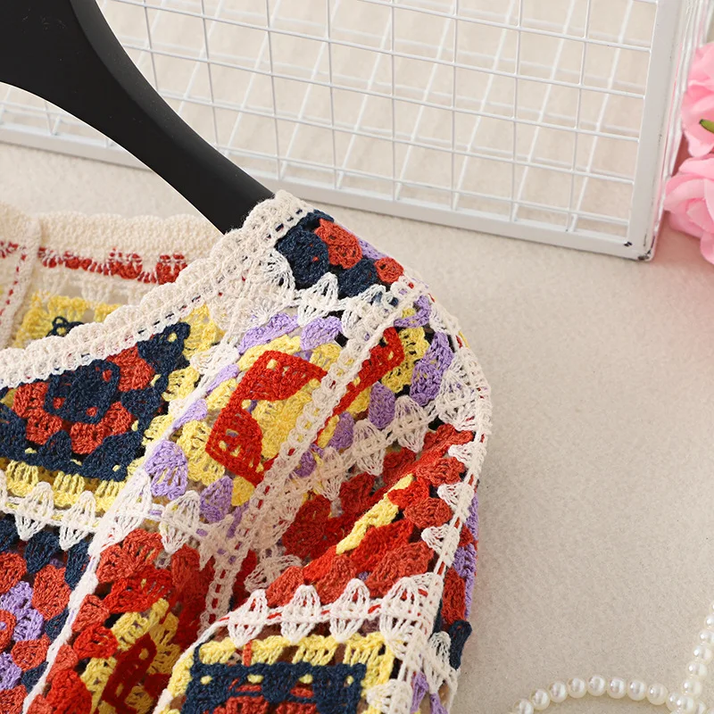 Granny Square Crochet Cardigan for Women Long Sleeve Button-up Knitted Sweater Jacket Crop Cardigan Boho Ladies Vacation Outfit