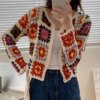 Granny Square Crochet Cardigan for Women Long Sleeve Button-up Knitted Sweater Jacket Crop Cardigan Boho Ladies Vacation Outfit