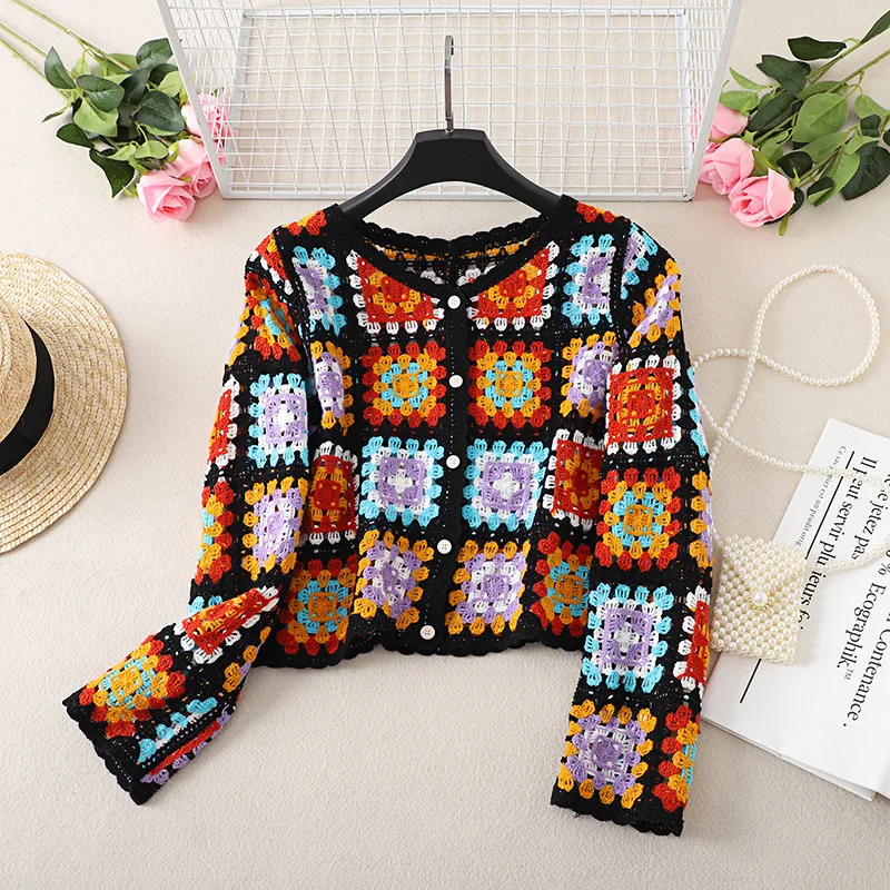 Granny Square Crochet Cardigan for Women Long Sleeve Button-up Knitted Sweater Jacket Crop Cardigan Boho Ladies Vacation Outfit