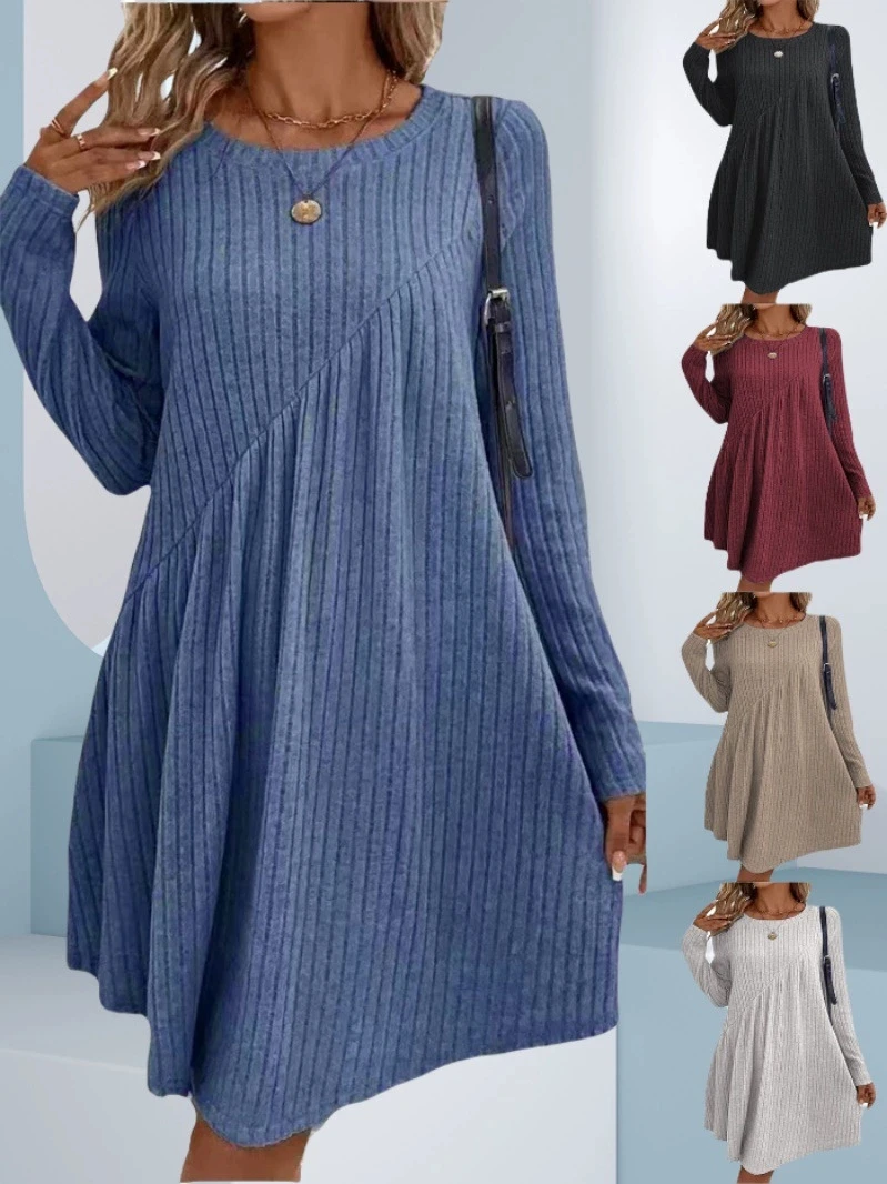 2025 Autumn/Winter Bohemian Irregular Brushed Ribbed Solid Color Dress for Women