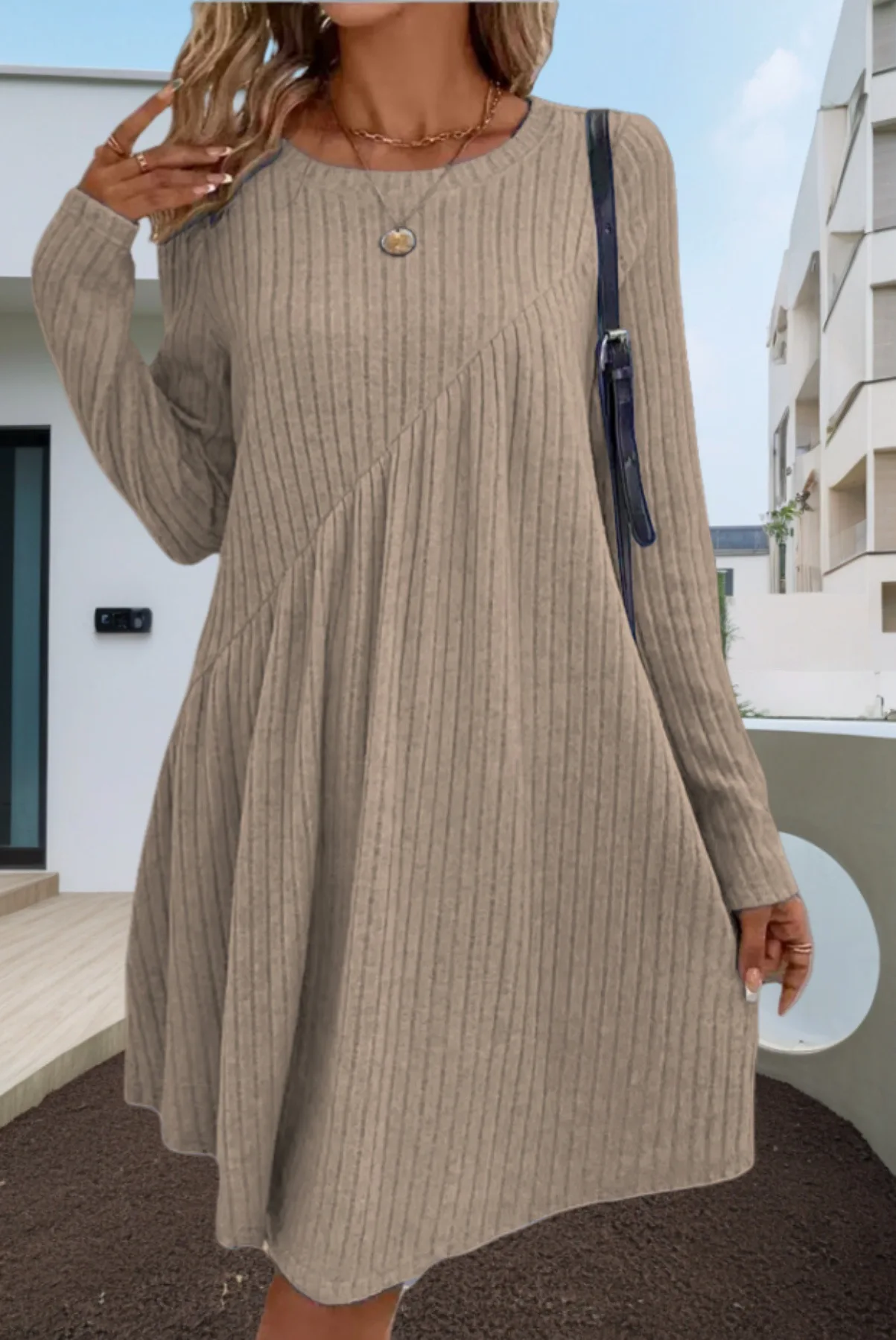 2025 Autumn/Winter Bohemian Irregular Brushed Ribbed Solid Color Dress for Women
