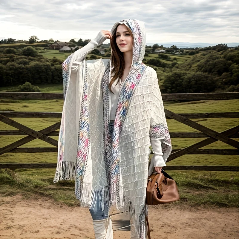 Bohemian Hooded Poncho - Windproof Winter Shawl, Lightweight Warm Cape for Travel & Fashion.Hand Washable. Perfect Holiday Gift!