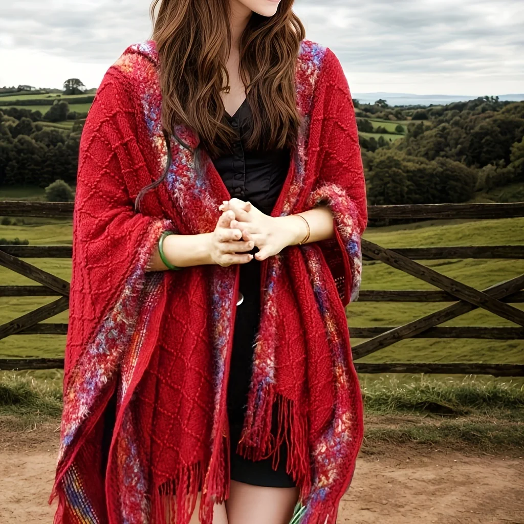 Bohemian Hooded Poncho - Windproof Winter Shawl, Lightweight Warm Cape for Travel & Fashion.Hand Washable. Perfect Holiday Gift!