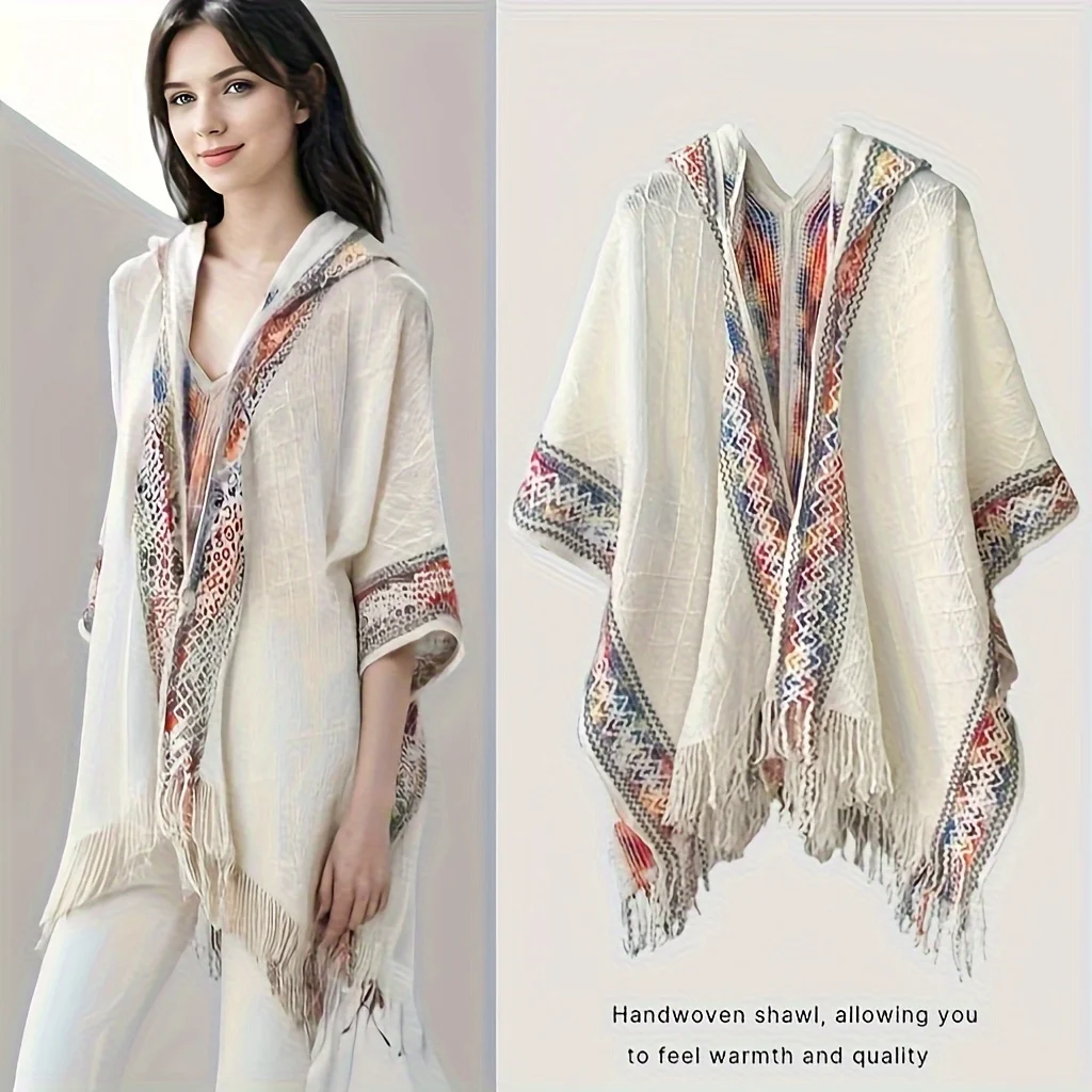 Bohemian Hooded Poncho - Windproof Winter Shawl, Lightweight Warm Cape for Travel & Fashion.Hand Washable. Perfect Holiday Gift!