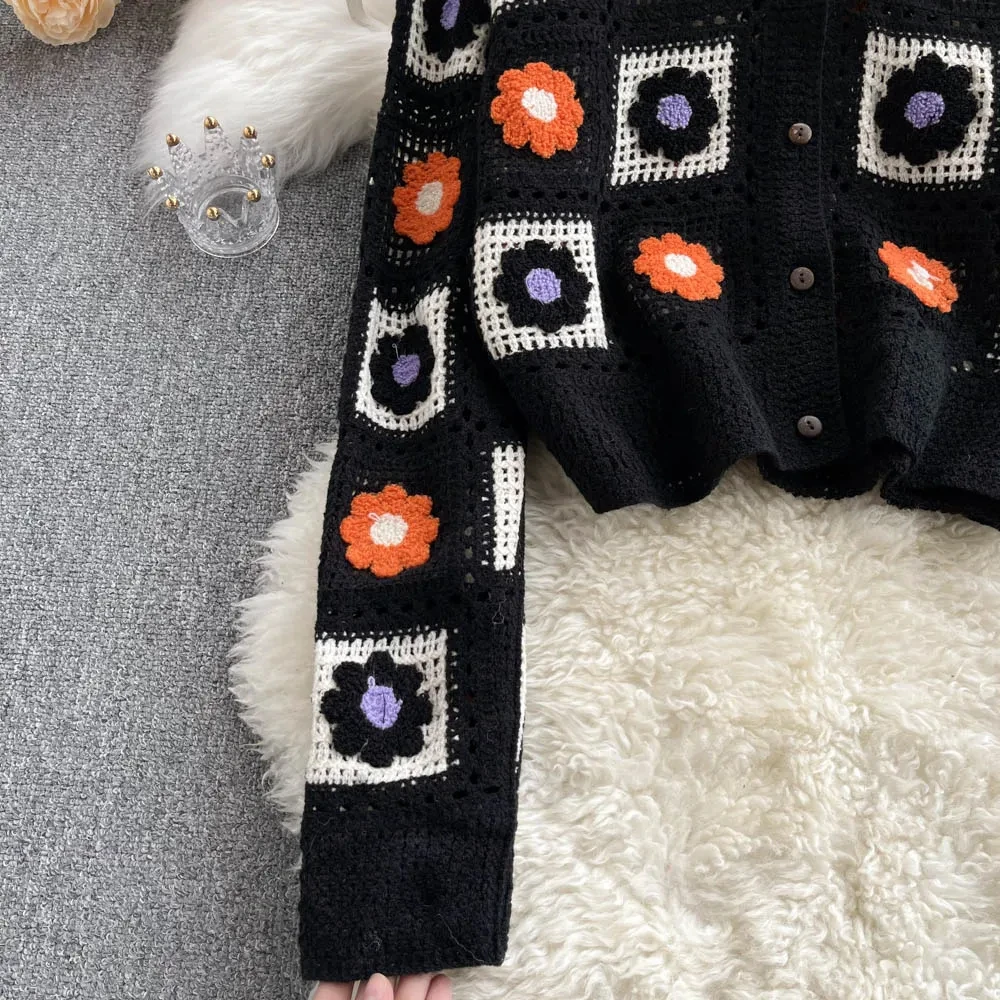 Granny Square Crochet Knit Top Floral Embroidery Long Sleeve Button-up Crop Cardigan Sweater for Women Teen-girl Boho Outfit
