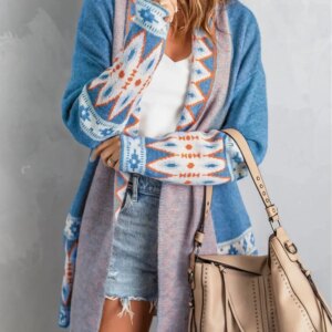 Cardigan Sweater for Women, Boho Geometric Print Cardigan Sweater, Loose Mid-Length Knitted Jacket 8 35569 0wqlb6