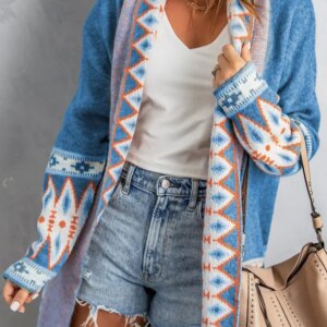 Cardigan Sweater for Women, Boho Geometric Print Cardigan Sweater, Loose Mid-Length Knitted Jacket