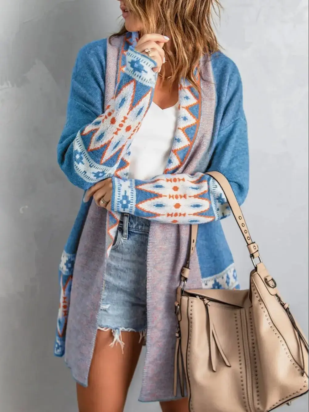 Cardigan Sweater for Women, Boho Geometric Print Cardigan Sweater, Loose Mid-Length Knitted Jacket Cardigan Sweater for Women, Boho Geometric Print Cardigan Sweater, Loose Mid-Length Knitted Jacket