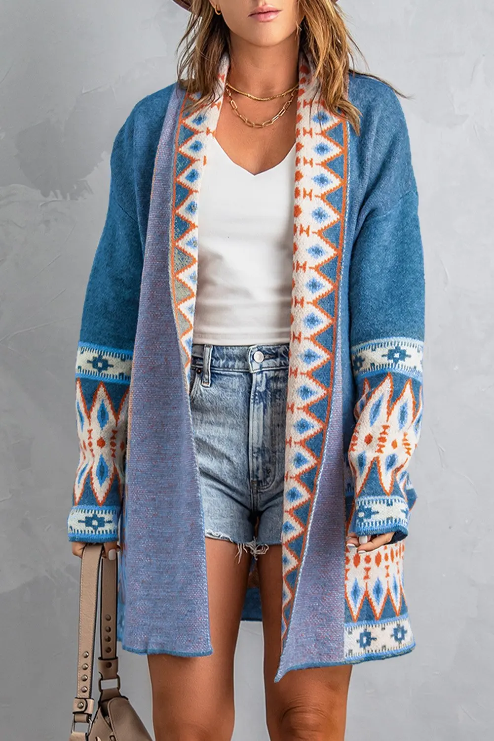 Cardigan Sweater for Women, Boho Geometric Print Cardigan Sweater, Loose Mid-Length Knitted Jacket Cardigan Sweater for Women, Boho Geometric Print Cardigan Sweater, Loose Mid-Length Knitted Jacket