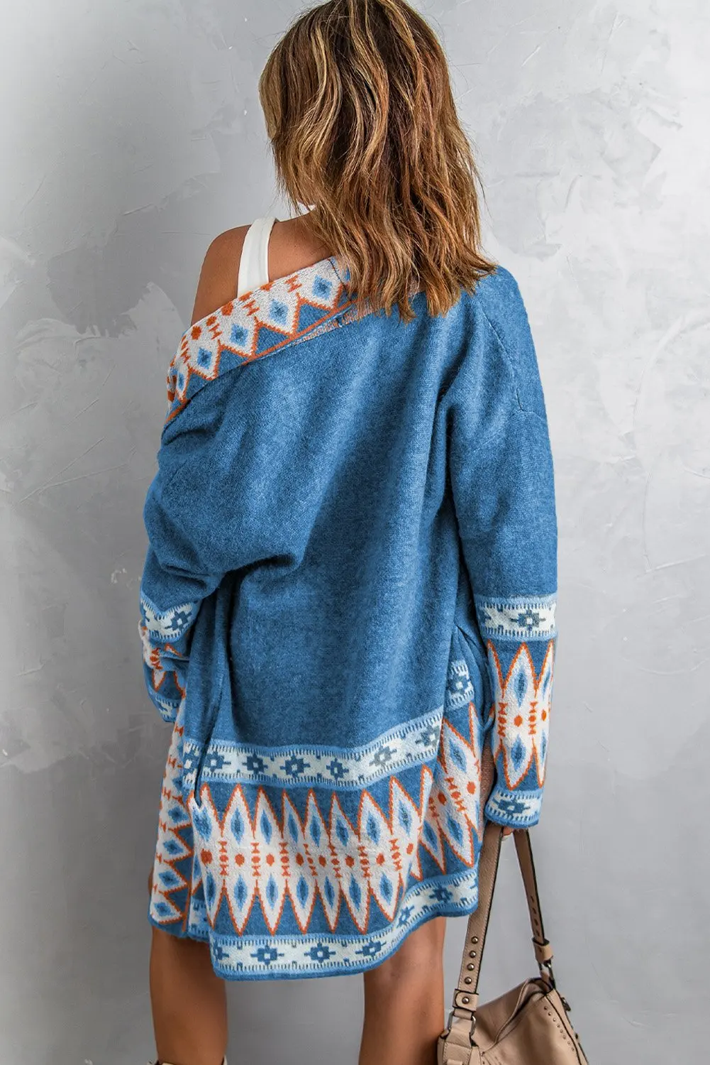 Cardigan Sweater for Women, Boho Geometric Print Cardigan Sweater, Loose Mid-Length Knitted Jacket Cardigan Sweater for Women, Boho Geometric Print Cardigan Sweater, Loose Mid-Length Knitted Jacket