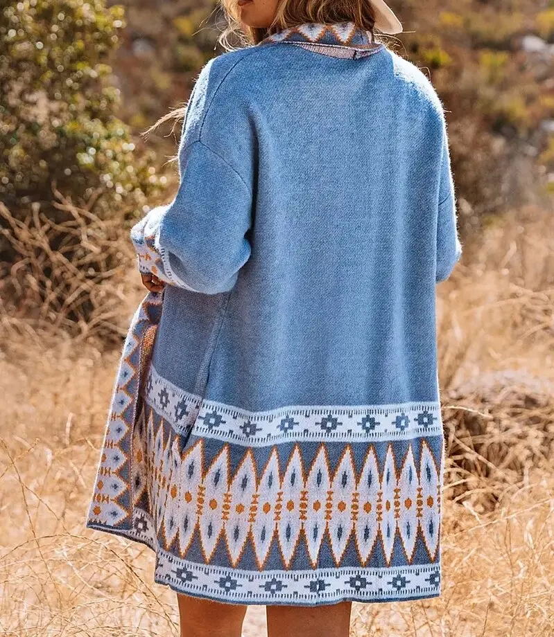 Cardigan Sweater for Women, Boho Geometric Print Cardigan Sweater, Loose Mid-Length Knitted Jacket 2 35569 p0qvpp