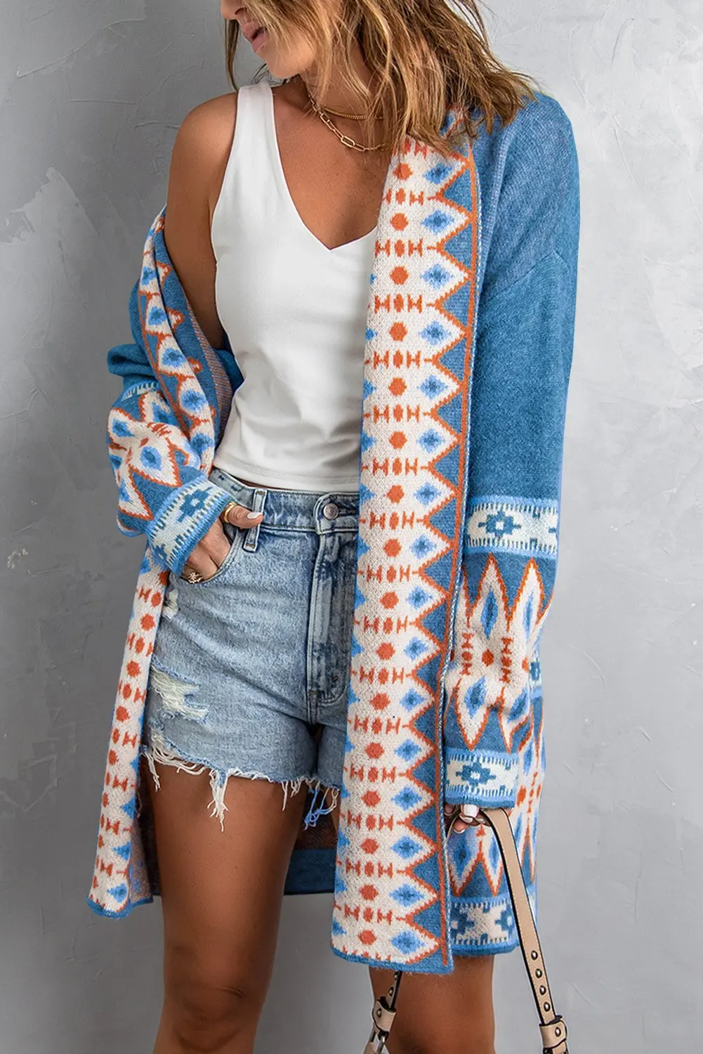 Cardigan Sweater for Women, Boho Geometric Print Cardigan Sweater, Loose Mid-Length Knitted Jacket Cardigan Sweater for Women, Boho Geometric Print Cardigan Sweater, Loose Mid-Length Knitted Jacket
