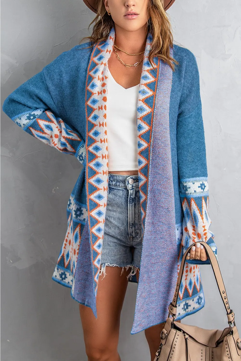 Cardigan Sweater for Women, Boho Geometric Print Cardigan Sweater, Loose Mid-Length Knitted Jacket Cardigan Sweater for Women, Boho Geometric Print Cardigan Sweater, Loose Mid-Length Knitted Jacket
