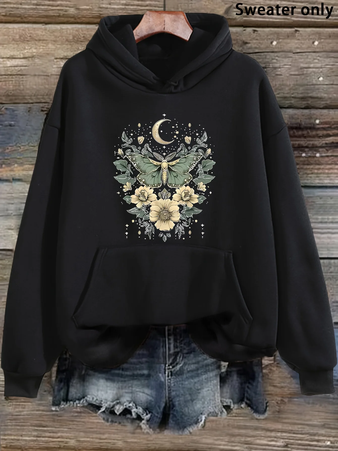 Men's Gothic Boho Hoodie Sweatshirt Moon Moth Floral Print Pullover Sweater Cozy Fall Winter Casual Machine Bohemian Style Tops