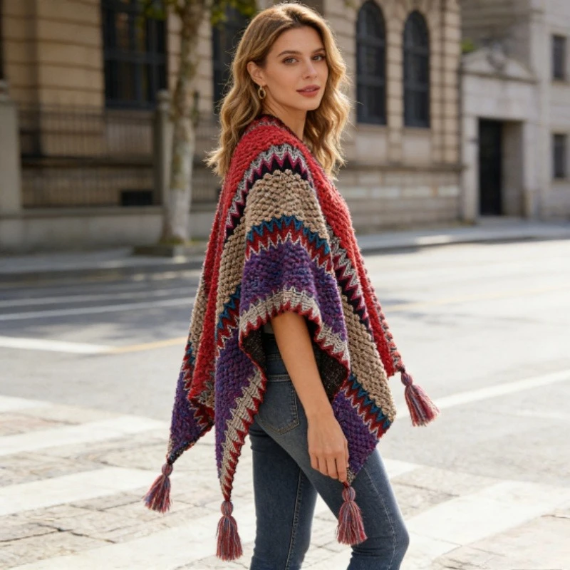 1pcs Bohemian Nationality Style Knit Poncho Cape Women's Colorful Tassel Shawl Autumn Winter Warm Outerwear 140x108cm