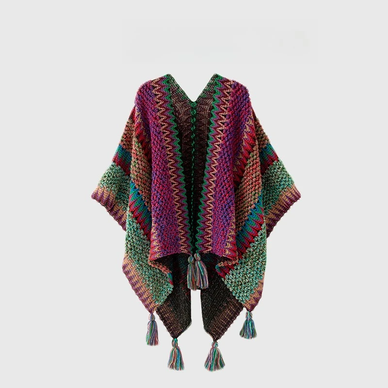 1pcs Bohemian Nationality Style Knit Poncho Cape Women's Colorful Tassel Shawl Autumn Winter Warm Outerwear 140x108cm