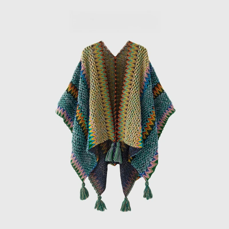 1pcs Bohemian Nationality Style Knit Poncho Cape Women's Colorful Tassel Shawl Autumn Winter Warm Outerwear 140x108cm