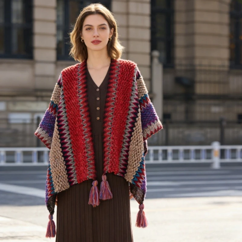 1pcs Bohemian Nationality Style Knit Poncho Cape Women's Colorful Tassel Shawl Autumn Winter Warm Outerwear 140x108cm