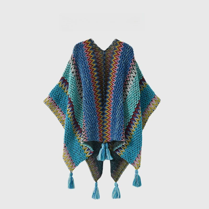 1pcs Bohemian Nationality Style Knit Poncho Cape Women's Colorful Tassel Shawl Autumn Winter Warm Outerwear 140x108cm