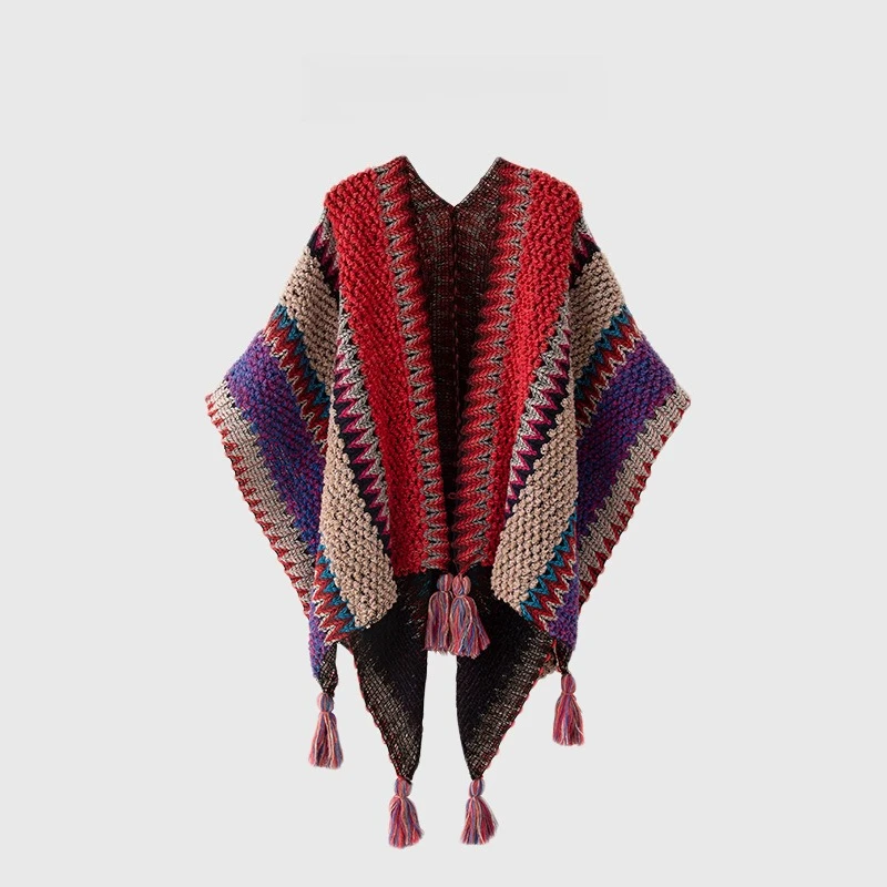 1pcs Bohemian Nationality Style Knit Poncho Cape Women's Colorful Tassel Shawl Autumn Winter Warm Outerwear 140x108cm