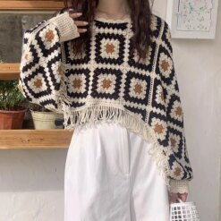 Granny Square Top Fringed Crochet Knitted Pullover Sweater
