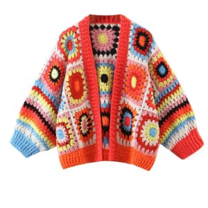 BOHO Geometric Plaid Hand Made Crochet Cardigan Woman V neck Long sleeve Sweater Open Stitching Knitwear Jumper Holiday