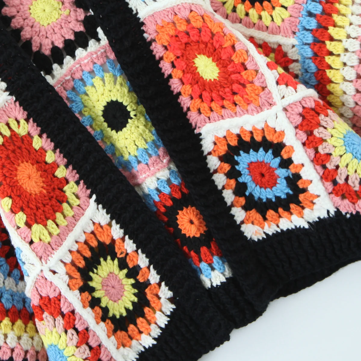 BOHO Geometric Plaid Hand Made Crochet Cardigan Woman V neck Long sleeve Sweater Open Stitching Knitwear Jumper Holiday