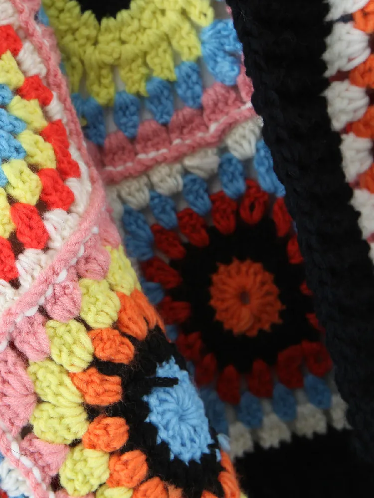 BOHO Geometric Plaid Hand Made Crochet Cardigan Woman V neck Long sleeve Sweater Open Stitching Knitwear Jumper Holiday