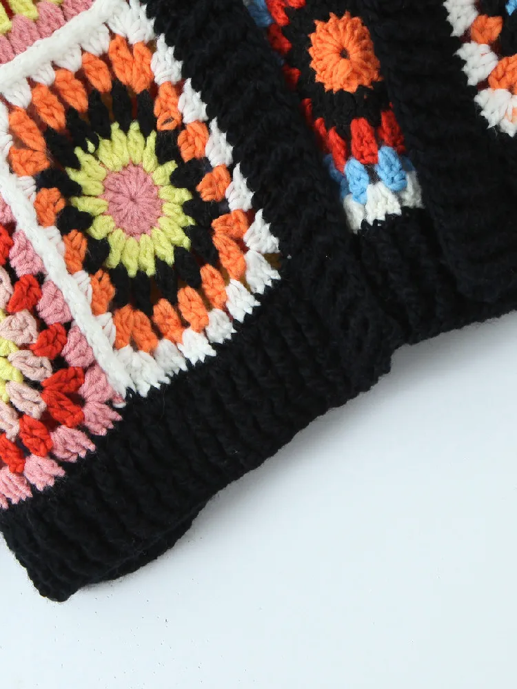 BOHO Geometric Plaid Hand Made Crochet Cardigan Woman V neck Long sleeve Sweater Open Stitching Knitwear Jumper Holiday