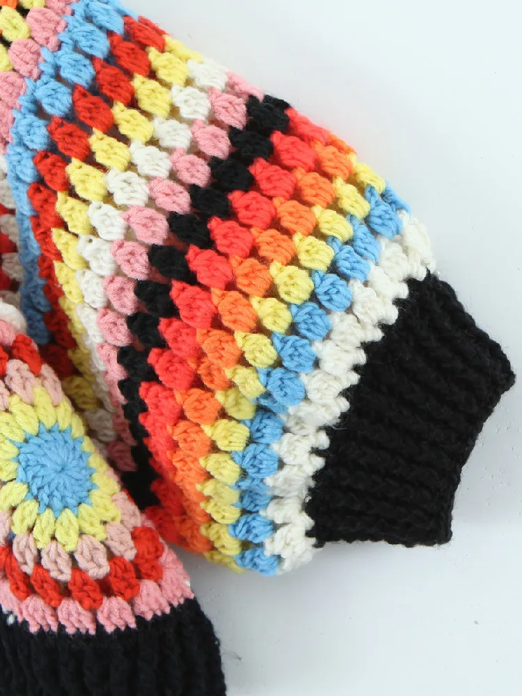 BOHO Geometric Plaid Hand Made Crochet Cardigan Woman V neck Long sleeve Sweater Open Stitching Knitwear Jumper Holiday