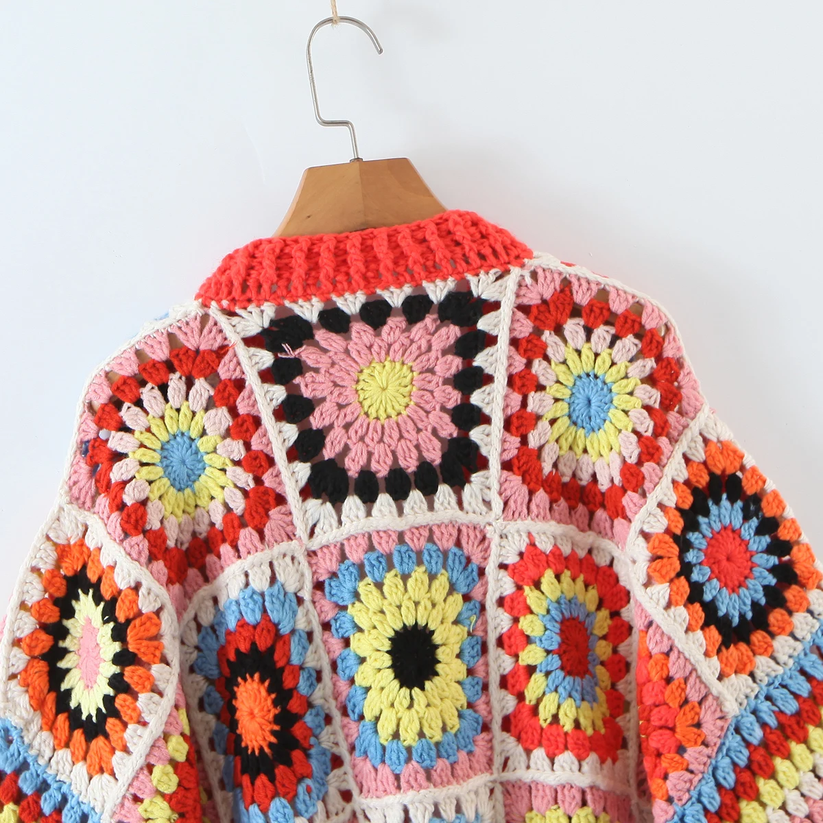 BOHO Geometric Plaid Hand Made Crochet Cardigan Woman V neck Long sleeve Sweater Open Stitching Knitwear Jumper Holiday