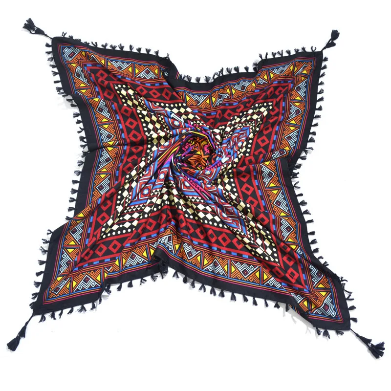 Big Square Handkerchief Boho Cotton Tassel Large Beach Russian Women's Scarf Winter Bohemian Floral Neck Wrap 115cm Foulard