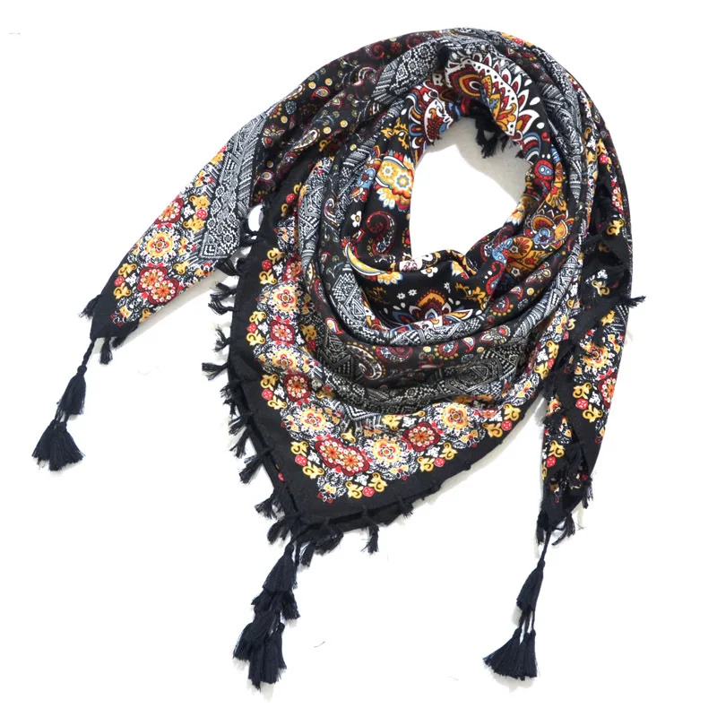 Big Square Handkerchief Boho Cotton Tassel Large Beach Russian Women's Scarf Winter Bohemian Floral Neck Wrap 115cm Foulard