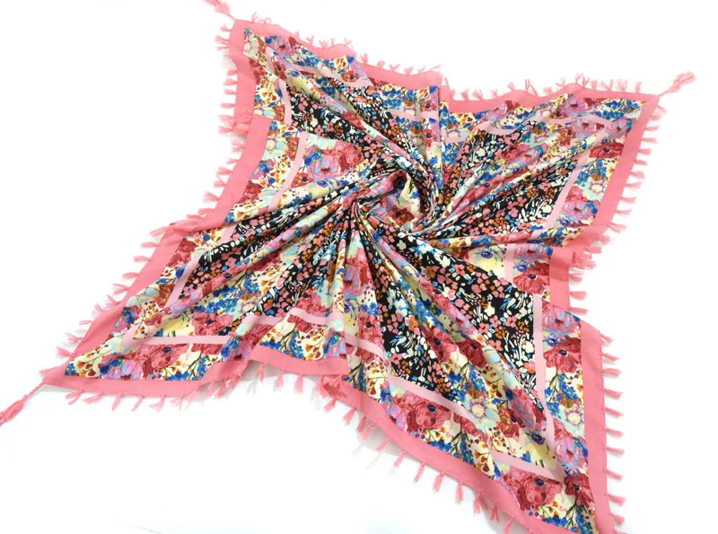 Big Square Handkerchief Boho Cotton Tassel Large Beach Russian Women's Scarf Winter Bohemian Floral Neck Wrap 115cm Foulard